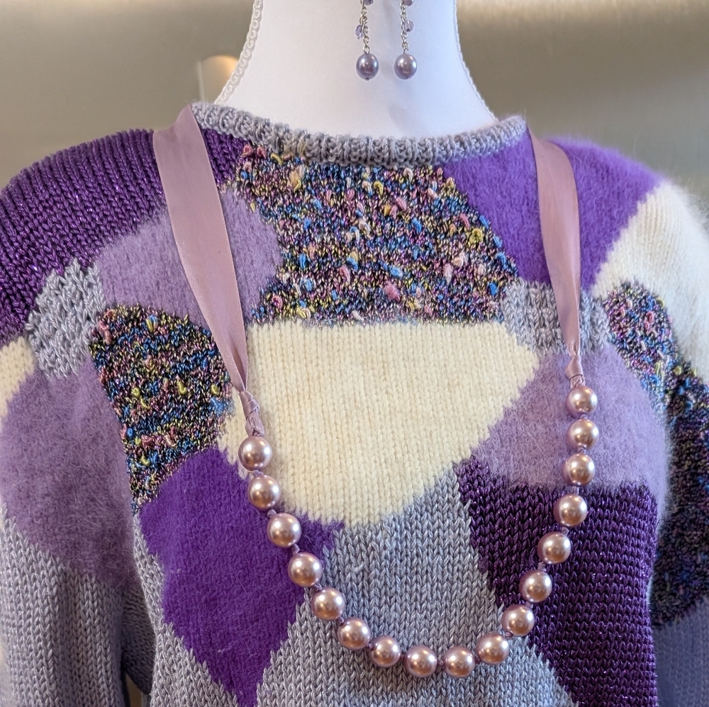 Three For One Wool Angora Blend Sweater, Pierced Earrings & Necklace VTG